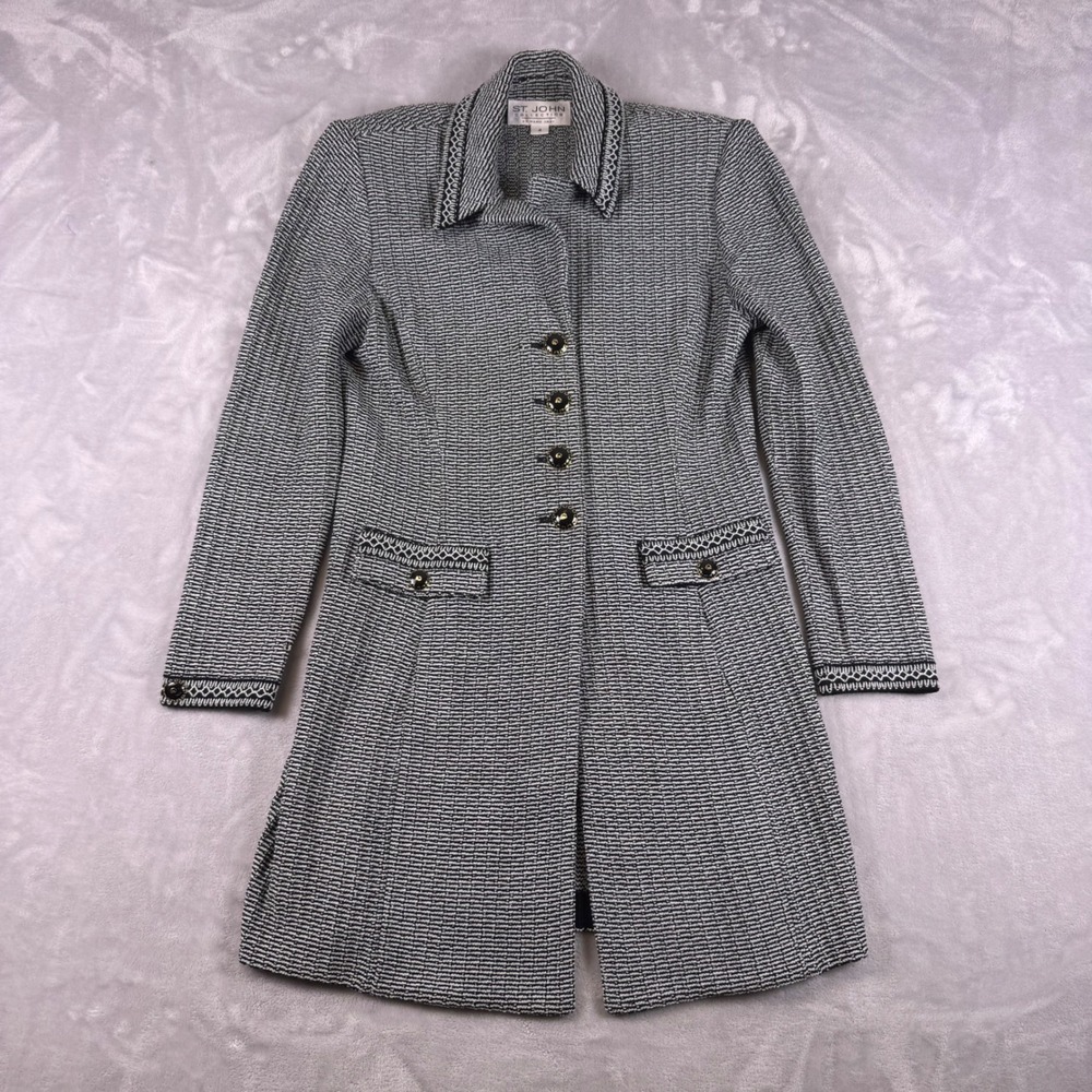 St John Collection Marie Gray Black White Knit Longline Jacket Logo Buttons 4